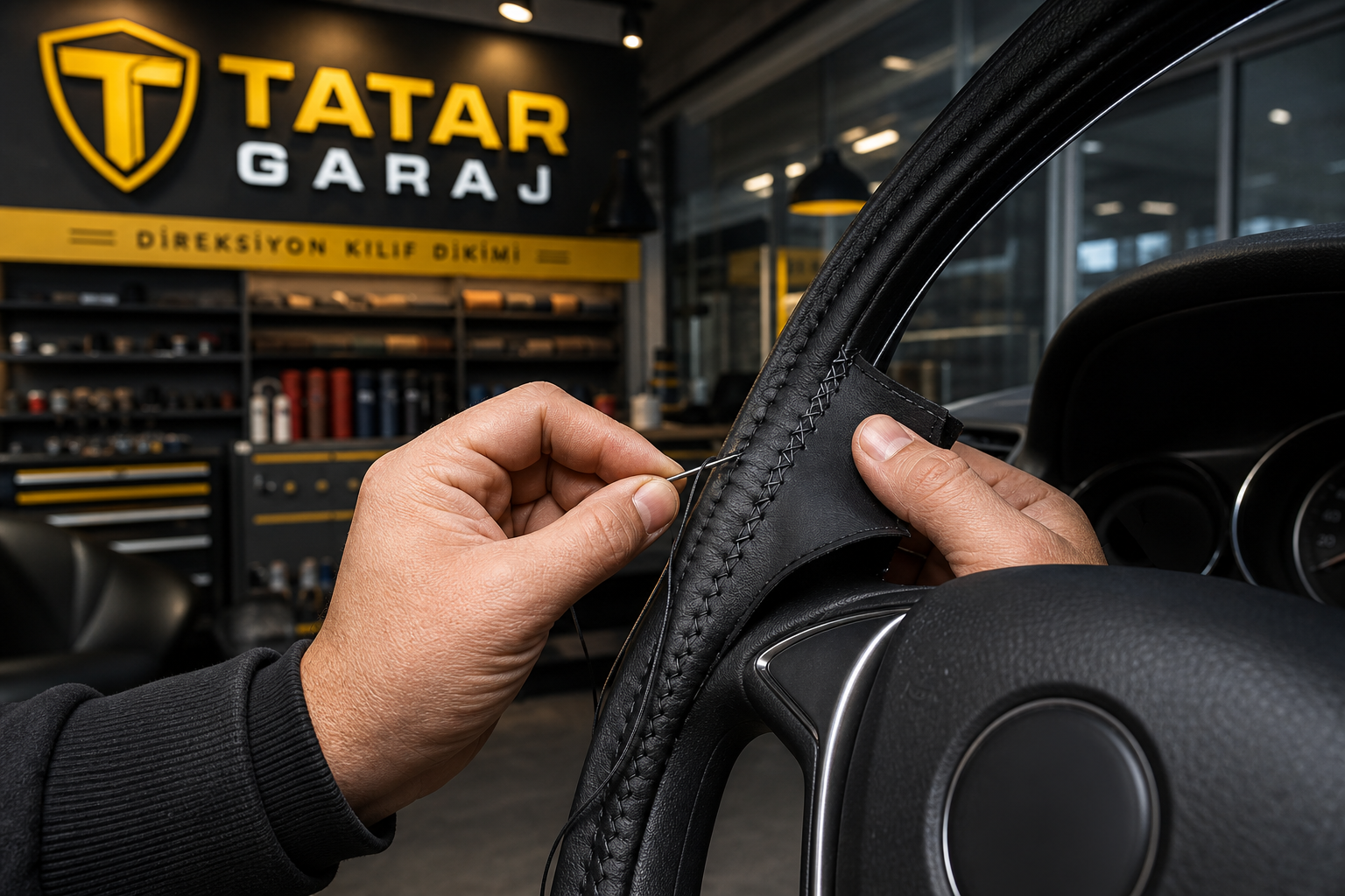 Tatar Garaj atölyesinde direksiyon kılıfı dikimi — el dikişi montaj