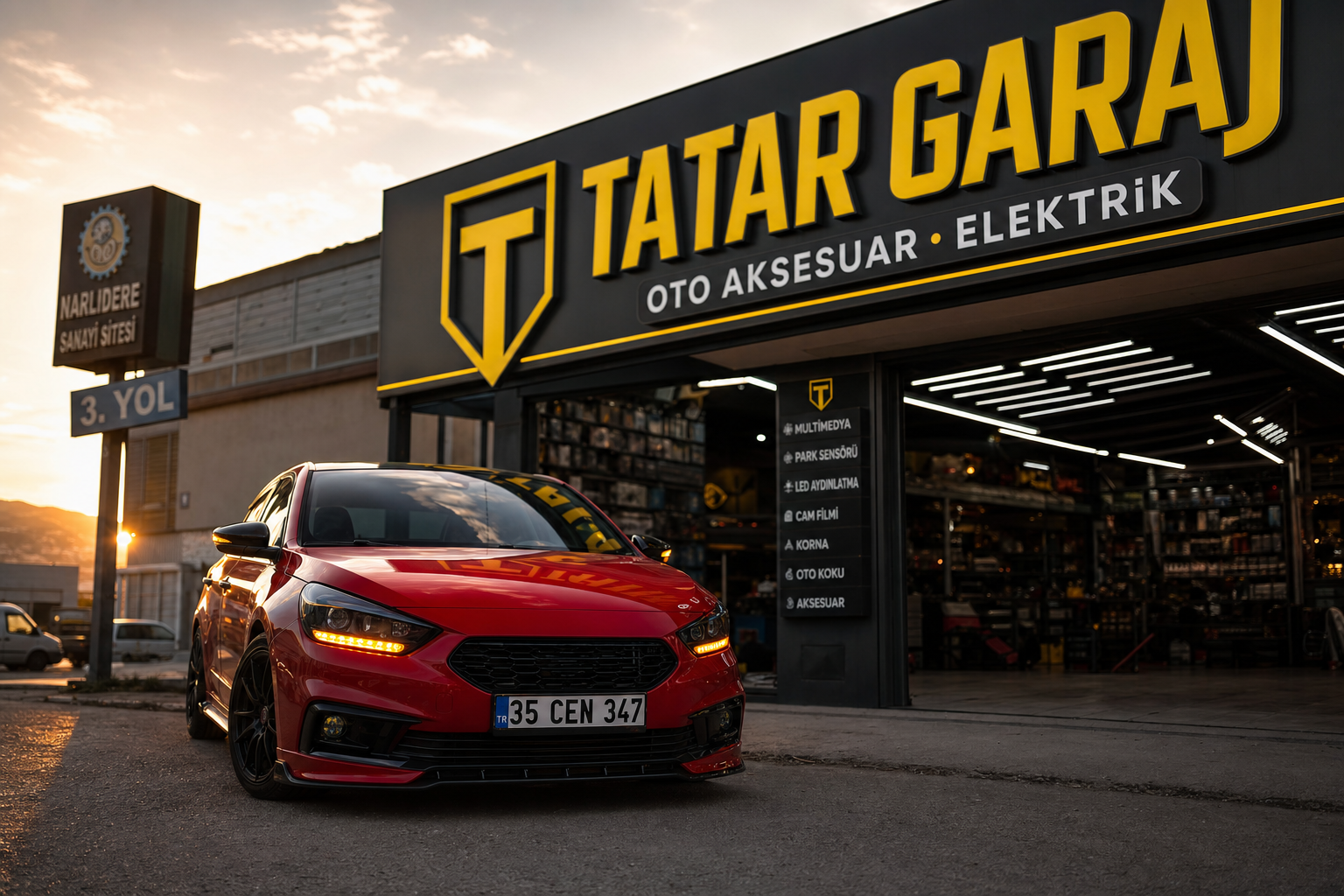 Tatar Garaj tabelası önünde ışıklandırma montajlı araç